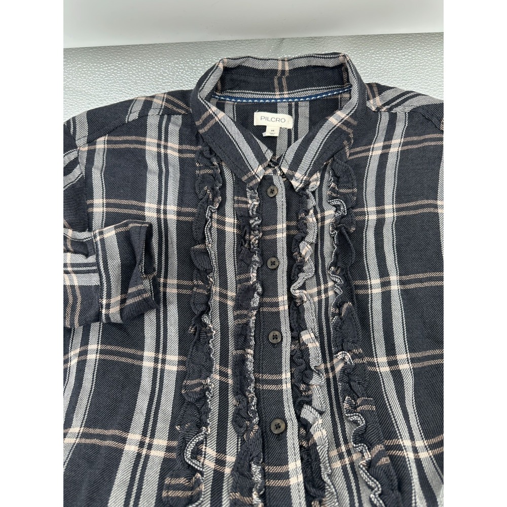 Pilcro Anthropologie Tuxedo Ruffle Button down Shirt‎ Plaid Printed Black Xsmall